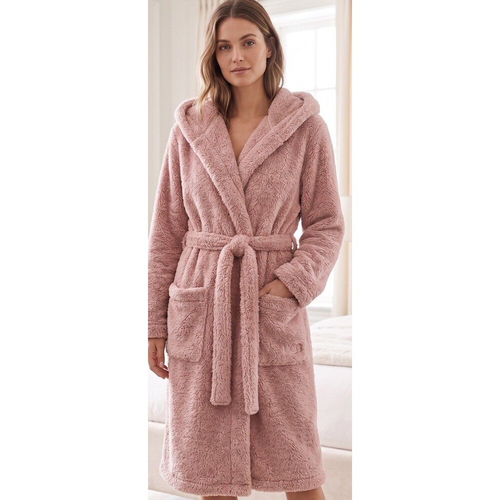UGG Aarti Hooded Plush Robe Pink Dust Size M EUC Cozy Sherpa Fleece
